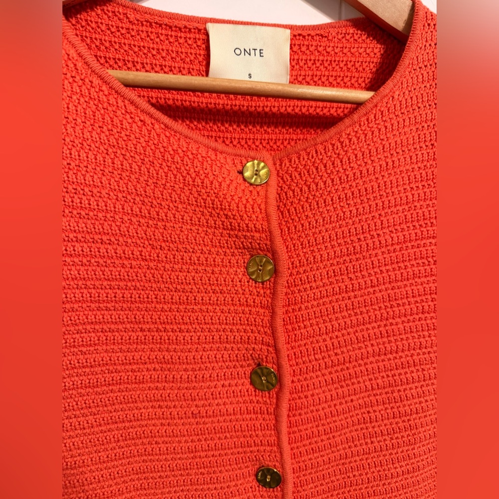 ONTE Orange Textured Knit Sweater Vest Small Button Front Pocket Coastal Grandma - Picture 3 of 6